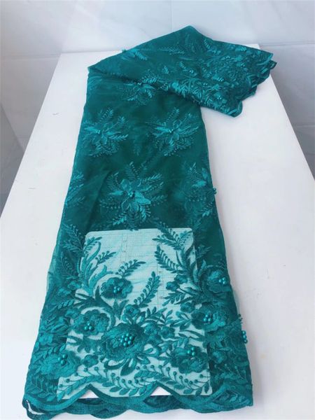 5yards / Лот Красивый Teal Жаккардовый Французский Чистый Кружевной Ткань Цветочная Вышивка Матч Матч Африканский Сетчатый Материал для заправки QN7