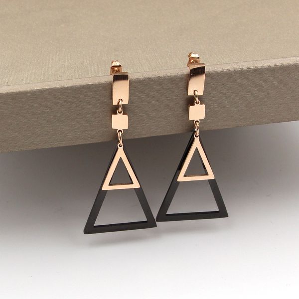 

e2-302 korean fashion long brand hanging size black triangle rose gold chaoren titanium steel earrings, Golden