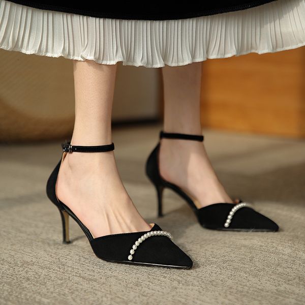 

luxury dress shoes baotou sandal lady summer 2021 fairy style apricot pointed pearl snap high women's thin heels, Black