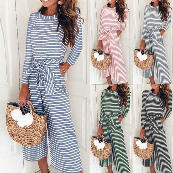 

women's jumpsuits & rompers 2021 spring and autumn fashion slim fit lace-up stripes crew neck women, Black;white