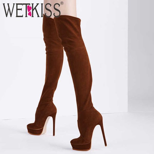 

wetkiss stiletto heels high boots women thigh high boot female party shoes ladies round toe elastic flock stretch shoes winter 210630, Black