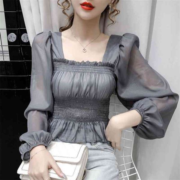 

autumn new fashion elegant square collar long sleeve wooden ear long-sleeved white shirt women blouse p025 210401