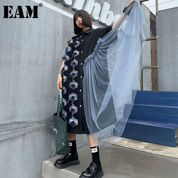 

[eam] women black printed mesh irregular big size shirt dress lapel half sleeve loose fit fashion spring summer 1dd6546 21512, Black;gray