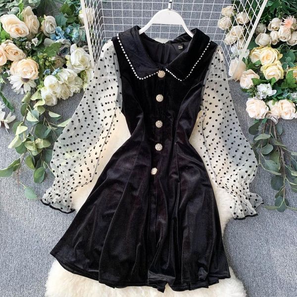 

casual dresses retro black dress polka dot print mesh puff sleeve nail bead doll collar buckle slim slimming velvet, Black;gray