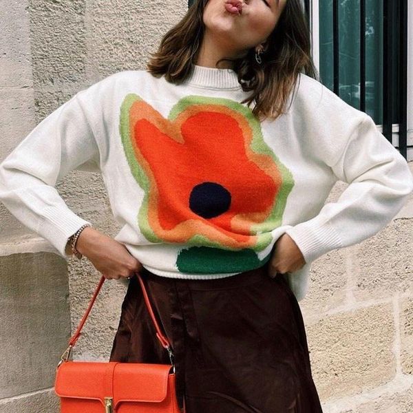 

women's sweaters women knitted sweater flower oversized pullovers winter o-neck long streetwear outerwear 2021 y2k female, White;black