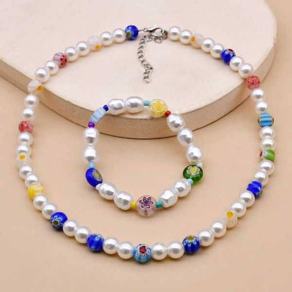 

earrings & necklace tauam korea sweet metal chain transparent colorful beaded irregular flowers pearl for women bracelet party jewelry set, Silver