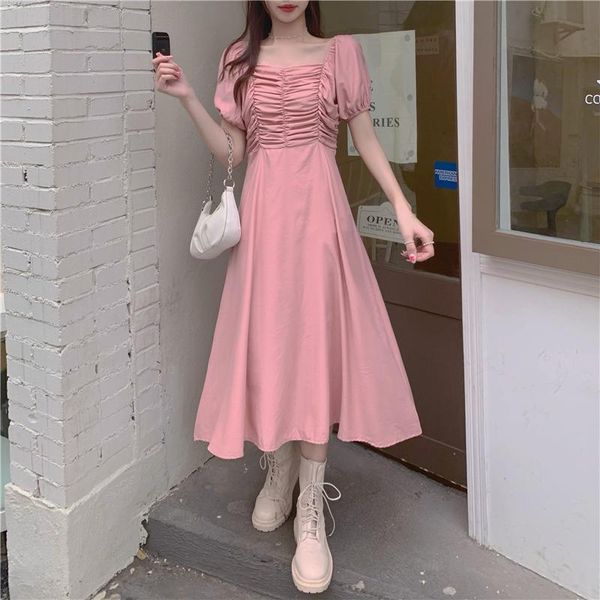 

party dresses summer women mid-length square collar dress french retro sweet elegant wrinkled waist slim short-sleeved 2021 vestidos, White;black