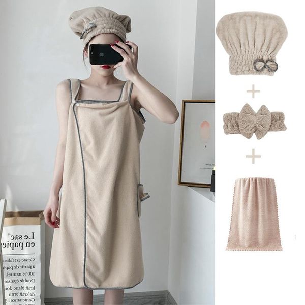 

towel coral fleece bath skirt can wear thick ladies tube strap magic beach shower cap set
