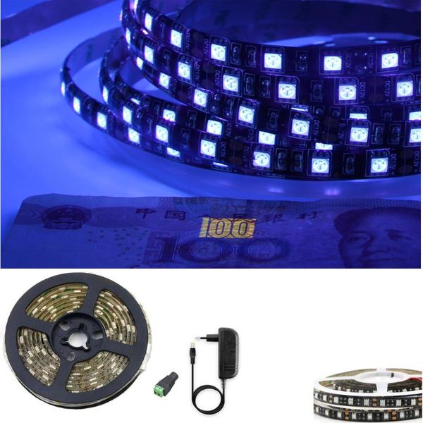 

strips 10m black pcb uv led strip light smd 395-405nm ultraviolet ray diode ribbon purple flexible tape lamp + power adapter
