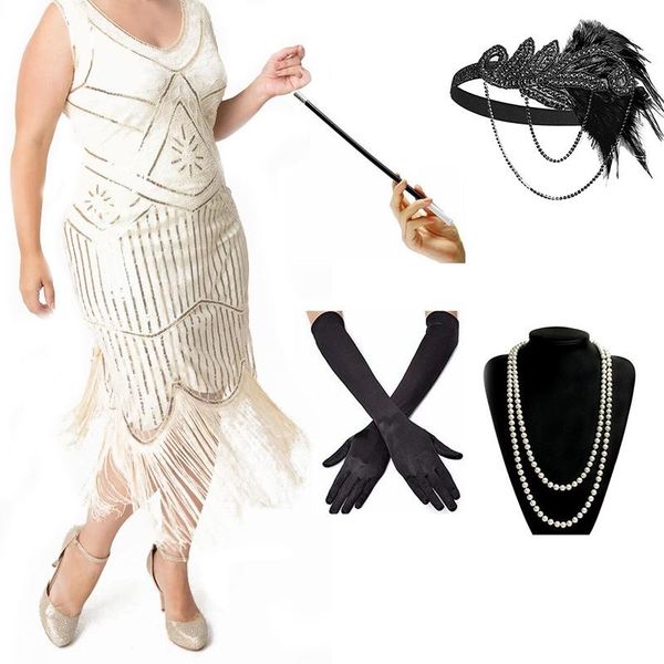 

casual dresses vintage retro plus size 4xl women's flapper 1920s sequin beaded long fringed great gatsby party dress /accessories set, Black;gray