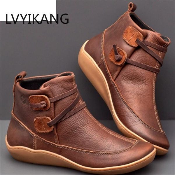 

women shoes lace up wedge ladies boots plus size vintage pu leather female short office mujer booties 35-43, Black