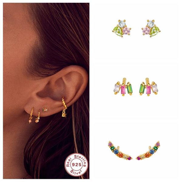 

sterling silver korean earing rainbow zircon cartilage woman stud earrings for couple lovers' bling cz pendientes jewerly w5, Golden;silver