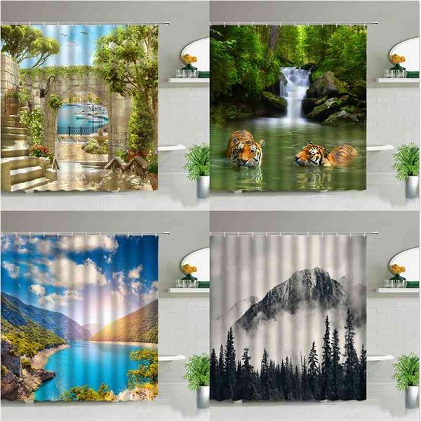 Floresta cenário tigre cachoeira animal montanha chuveiro cortinas árvore planta paisagem banheira decoração banheiro cortina conjunto com gancho 210915