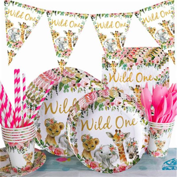 

disposable dinnerware pink gold wild one theme party tableware jungle animal paper cup plate girl birthday decorations