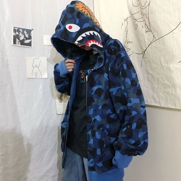 

spring autumn new street zipper hooded shark camouflage thin coat men's and women's loose cardigan couple sweater women, Black