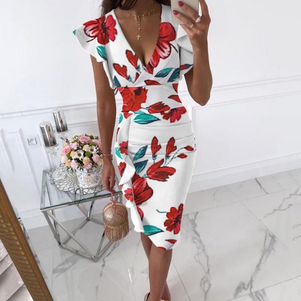 

women's swimwear v-neck printed dress summer party ladies slim fit waist frilled ruffle tight short sleeve casual, White;black