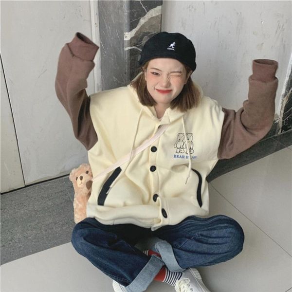

women's jackets girl cartoon weird retro bear cute women jacket loose korean college winter hoodie outerwear female fleece coats mujer, Black;brown