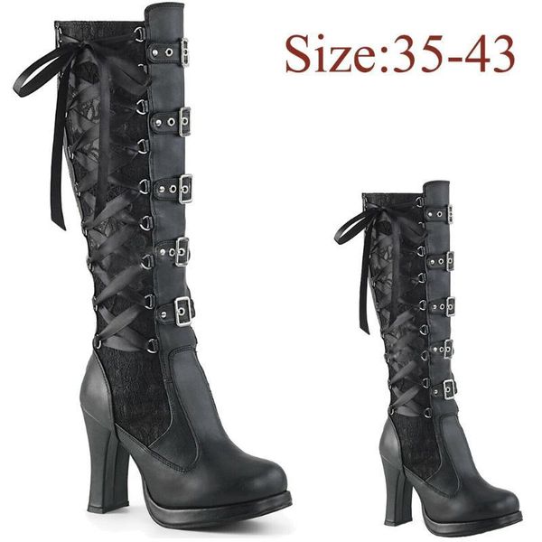 

knee-high boots women cross-tied high heel boots female cross tied bootie winter bottes femme cosplay gothic botas mujer a4, Black