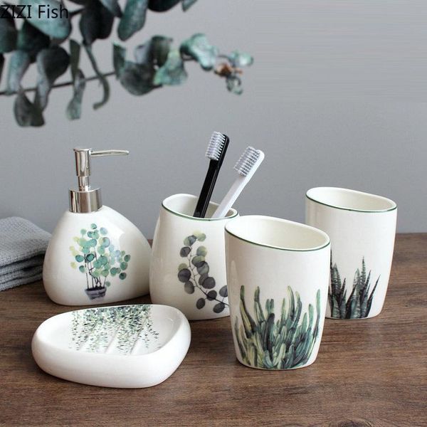 

bath accessory set ceramic toiletries bathroom green plants cup toothbrush holder soap dispenser tray decoration accessories 5pcs
