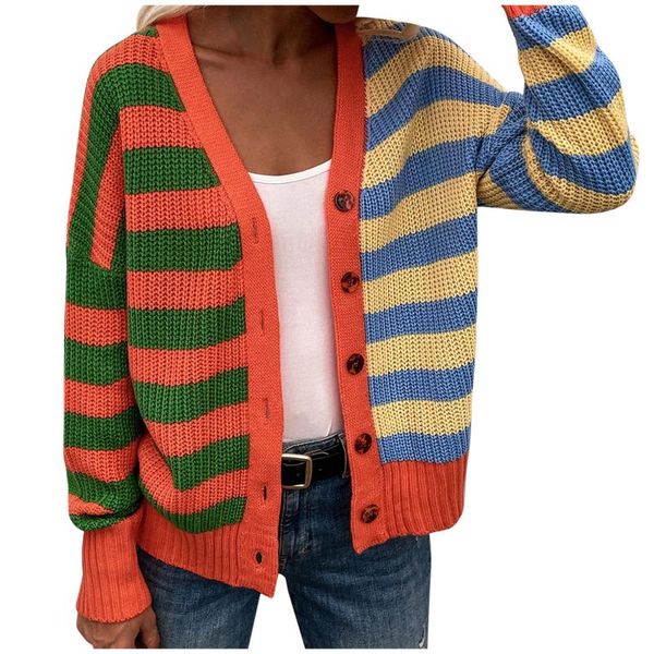 

women's knits & tees preppy style stripe printing knit cardigans sweater women v neck loose elegant thicked pull femme print short casu, White