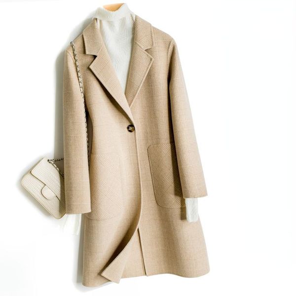 

women's wool & blends 2021 autumn 100% genuine coat women real double-faced woolen coats vintage camel long jacket for manteau femme gm, Black