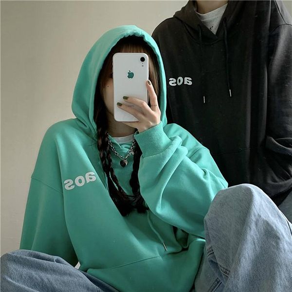 

women's hoodies & sweatshirts printed letters loose cotton fleece hooded with side pockets big size for couples, Black