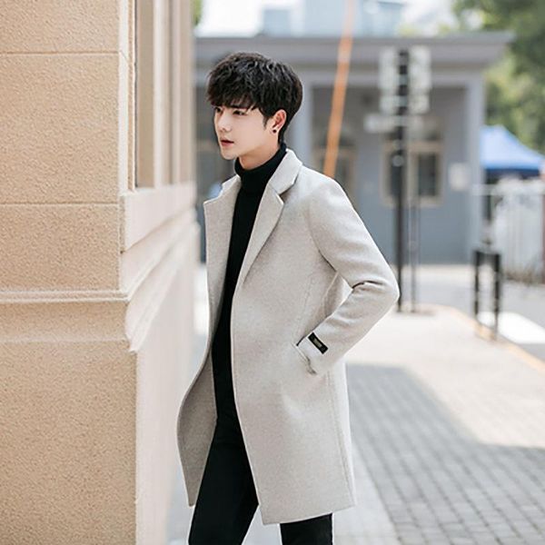 

spring and autumn thin wool windbreaker jacket mid-length woolen coat slim, Black