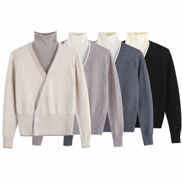 

streetwear women false two pieces sweaters fashion ladies turtleneck knitted elegant female chic patchwork pullovers 210427, White;black