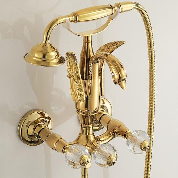Chuveiro de banheiro Conjuntos Torneira de banheira com mão de latão Misturador de parede Misturador Gold Swan Rain Torneiras de luxo
