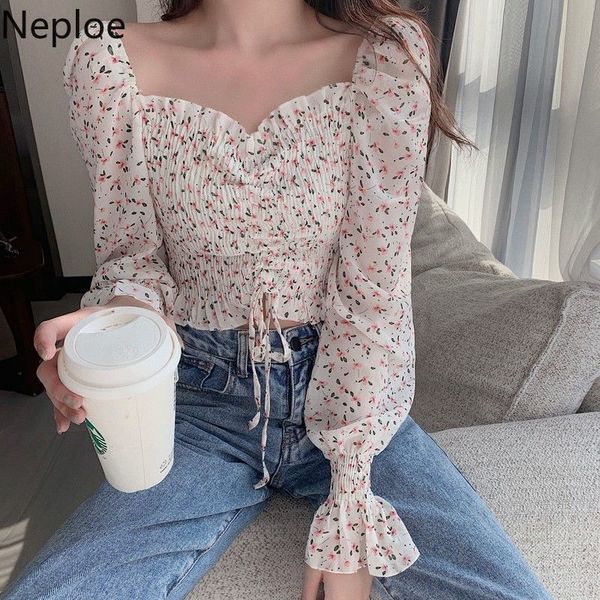 

neploe women's blouse spring long puff sleeve square collar chiffon crop korean ruffles pleated drawstring floral shirt 210422, White