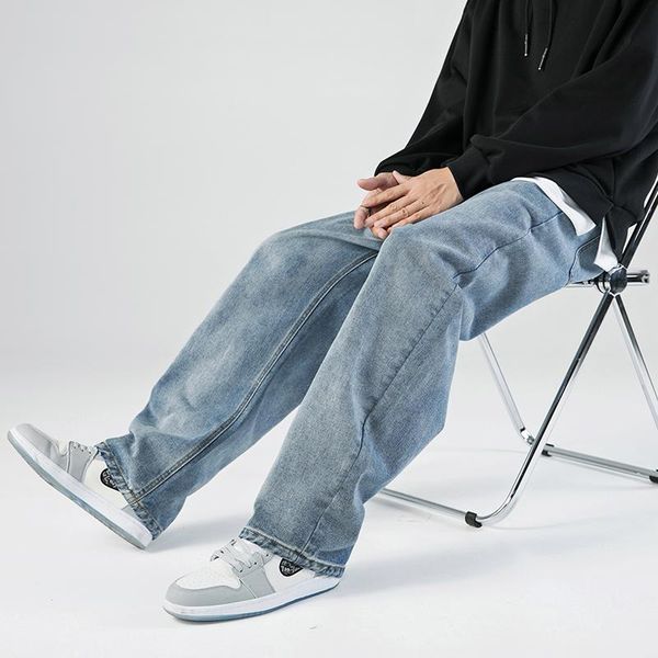 

men's jeans simple solid color wash straight pants summer thin casual blue