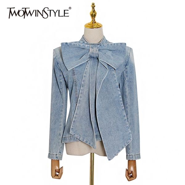 

twotwinstyle solid elegant denim shirt for women o neck long sleeve zipper slim blouse female summer fashion clothing trend 210401, White