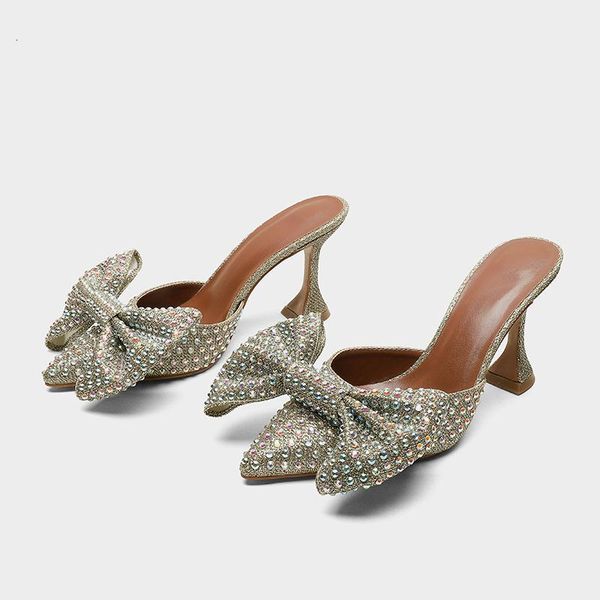 

slippers european station pointed bow sandals crystal all-match ultra-high heel thin heeled baotou women's shoes mehp, Black