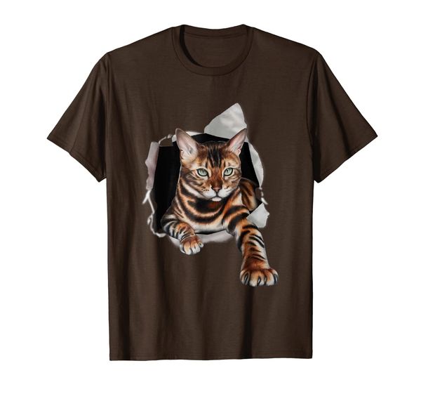 

bengal cat clawing hole in background shirt, White;black