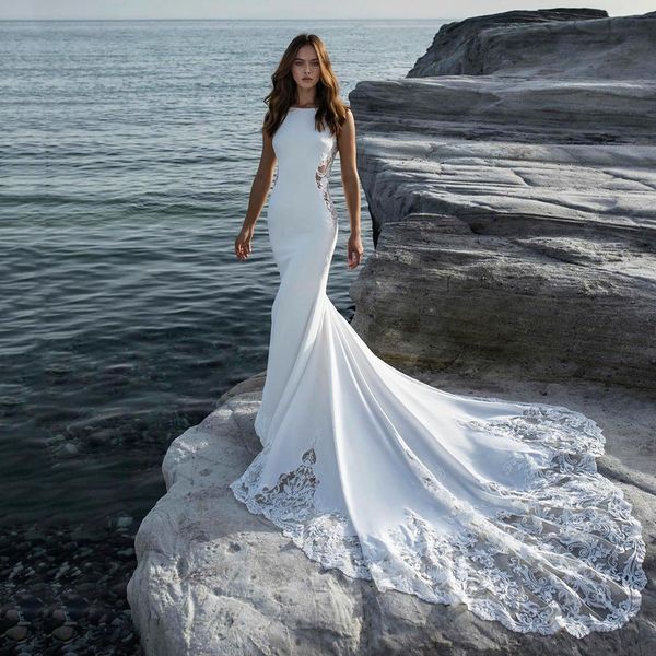 

white satin mermaid wedding dress boho lace appliques scoop royal train backless bridal gowns 2022 vestido de novia robe de mariage