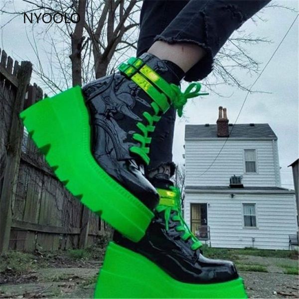 Botas nyoolo gótico plataforma verde saltos altos cosplay moda inverno wedges halloween sapatos mountains mulheres