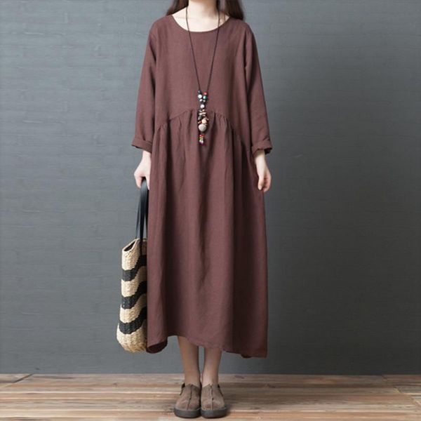 

casual dresses johnature autumn vintage women clothing plus size 2021 solid color o-neck tie simple female dress, Black;gray