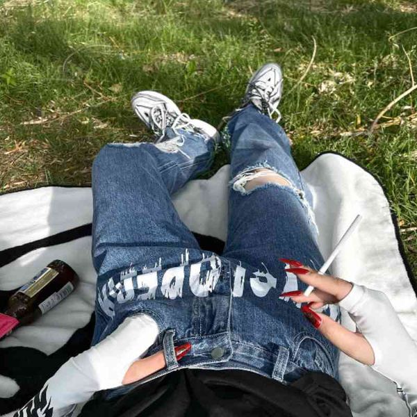 

women's jeans impressÃ£o azul rua retro rasgado jeans feminino y2k design sentido 90s solto grande tamanho coreano calÃ§as tendÃªncia verÃ£, Blue