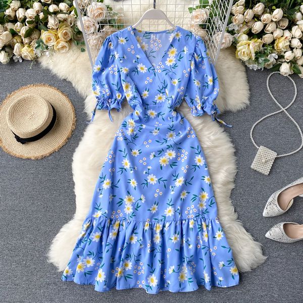 Vintage Blau Kleid Weibliche Sommer Puff Sleeve Elegante V-ausschnitt Taille Schlank Gedruckt Fischschwanz Strand Praty Kleid Frauen 210420