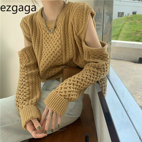 

ezgaga twist sweater women autumn winter new loose japanese style off shoulder solid ladies crop outwear fashion 210430, White;black