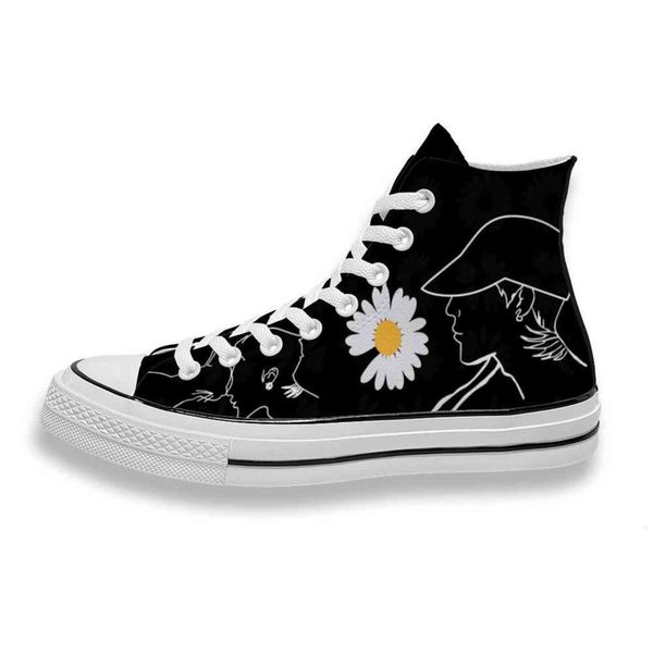 

custom printed white daisy sneakers high mens womens running shoes skateboard diy trainers canvas casual shoe, Black