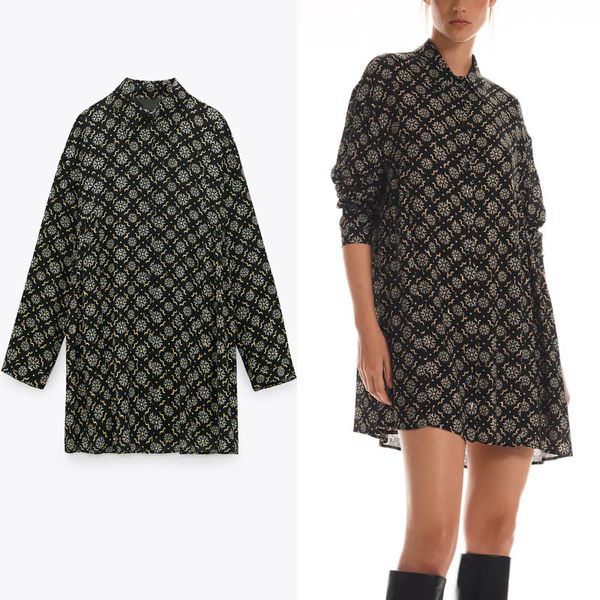 

dresses print shirt women long sleeve lapel collar office black es woman chic metallic thread elegant short vestidos, Black;gray
