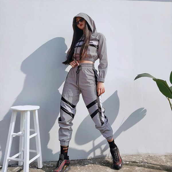 

hip hop reflective 2 piece womens pants set tracksuit hoodies crop fashion female loose jacket coat matching sets plus, White