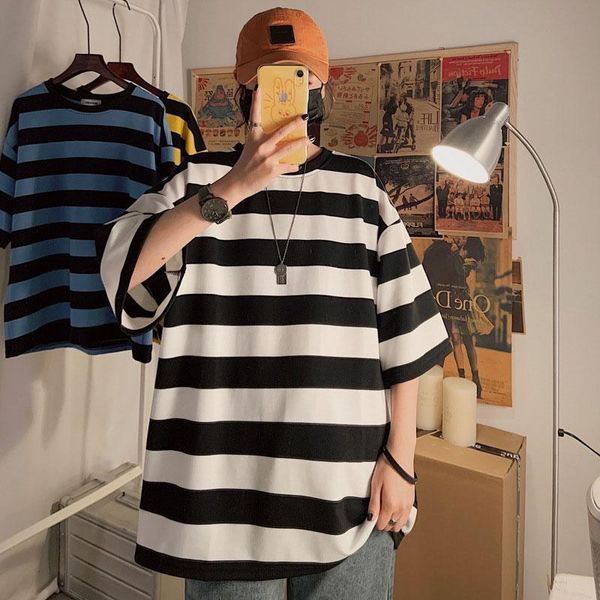 

men tees striped casual short sleeve t-shirt men's trendy summer street hip hop loose retro couple personality t-shirts, White;black