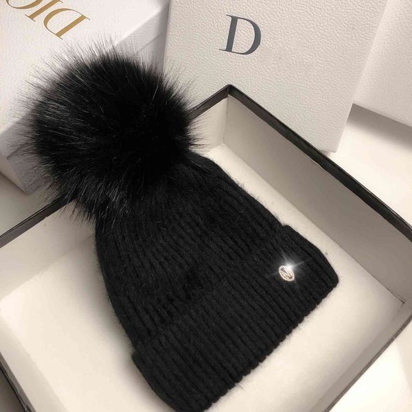 

winter plush thickened rabbit hair knitted hat women's fashion net red fox hair ball ear protection warm student wool hat, Black;white