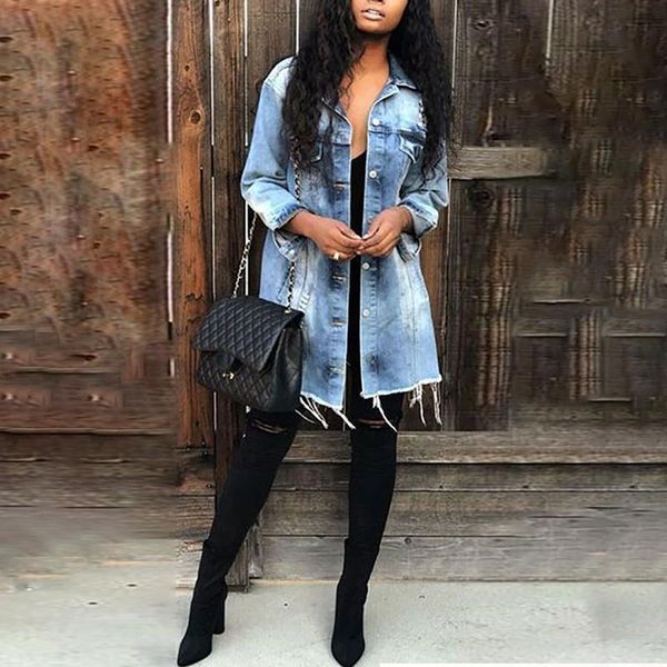 

women's jackets tassel hem denim jacket long slim veste longue en jean fashion elegant street costume old, Black;brown