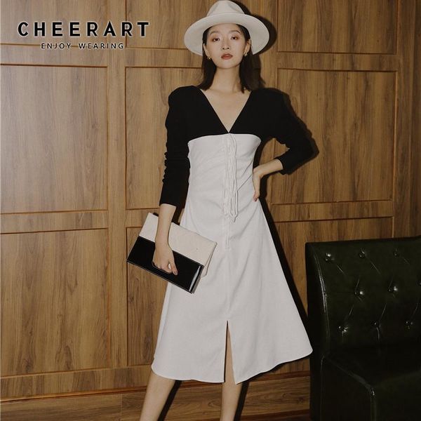 

casual dresses cheerart fall 2021 women tunic long shirred dress v neck black and white patchwork sleeve a line ladies clothing, Black;gray