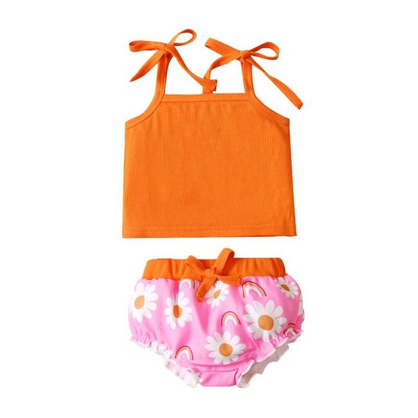 

clothing sets pudcoco 0-18m 2pcs summer baby girls sleeveless lace-up orange vest camisole +floral daisy print shorts pants outfit, White
