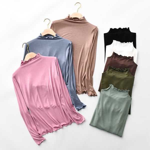 

solid color modal autumn bottoming blouse casual turtleneck runched long sleeve lady shirt plus size w788 210526, White