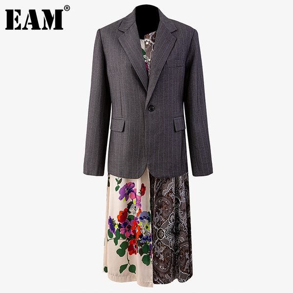 

[eam] women fake two gray printed long big size blazer lapel long sleeve loose jacket fashion spring autumn 1dd6930 21512, White;black